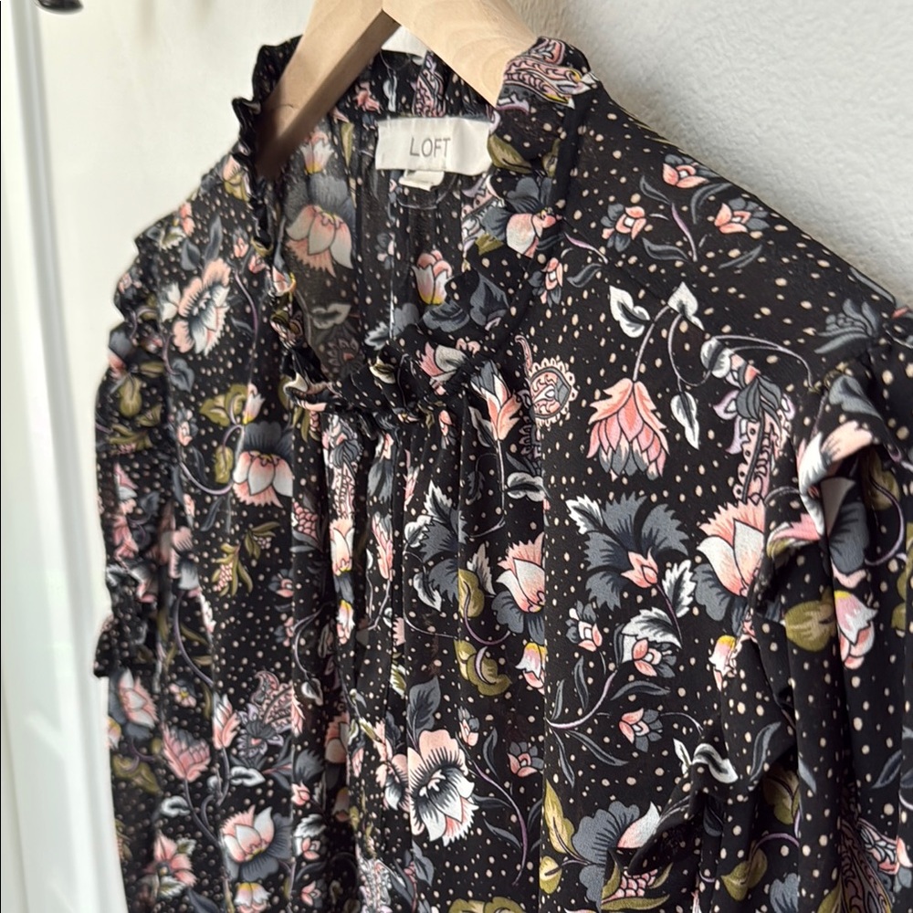 LOFT Black Floral Ruffle Blouse